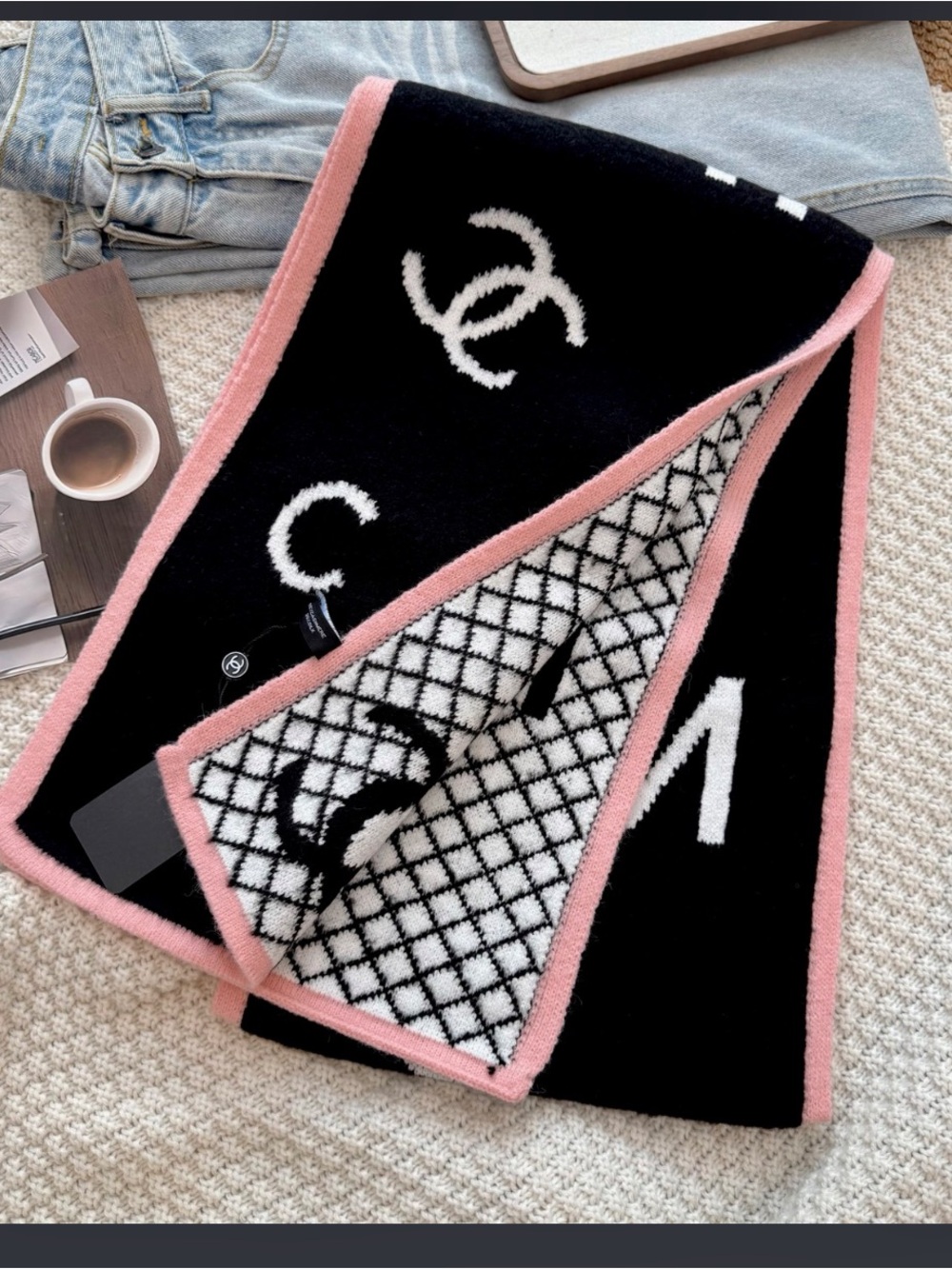Winter Warm Letter C Black Pink Cashmere Silk Blend Cozy Scarf